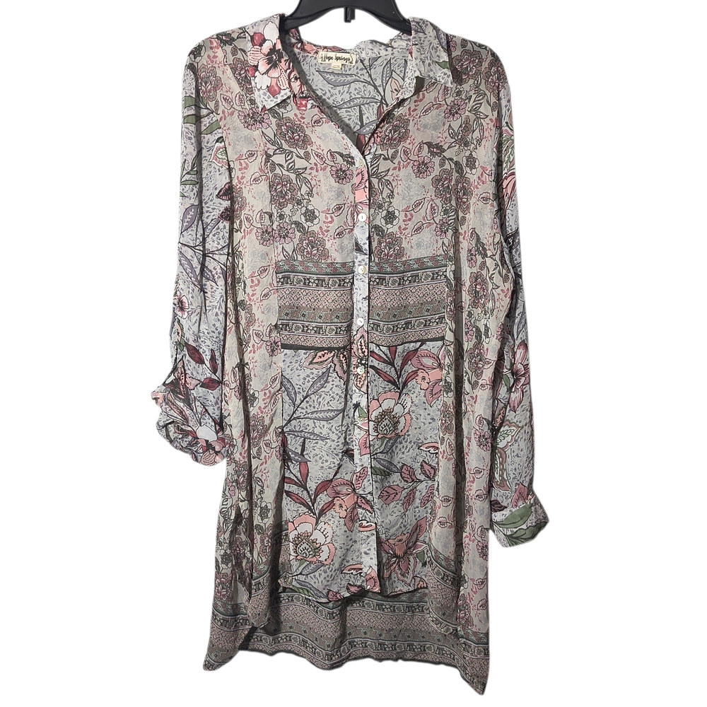 Hope Springs 2XL Patchwork Sheer Button Down Split Side Floral Blouse Boho